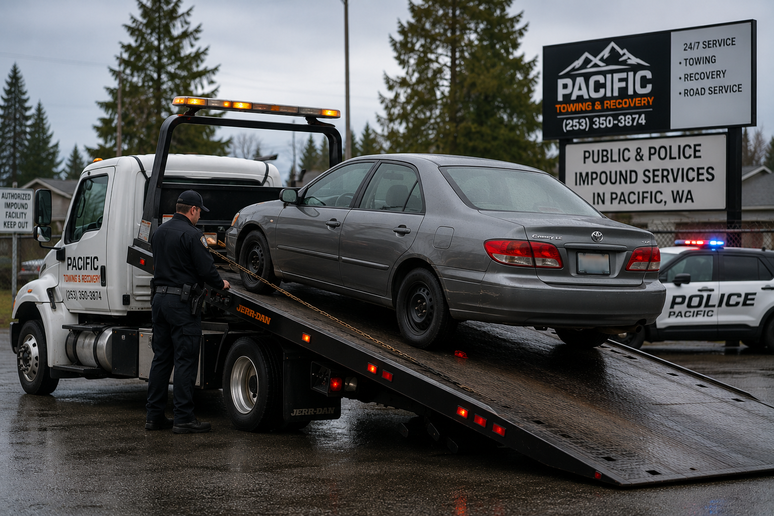 Public / Police Impound Services Pacific Towing truck with police officer performing impound service