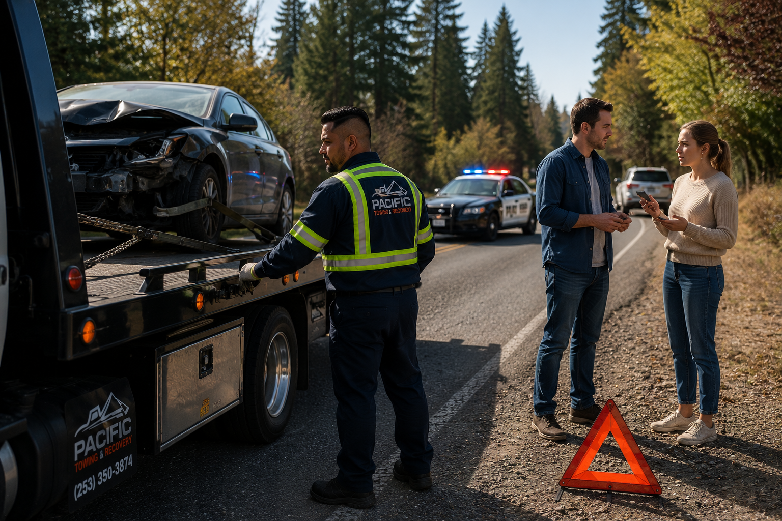 Pacific Towing & Recovery driver assisting a couple at accident scene on Washington highway with damaged sedan on flatbed