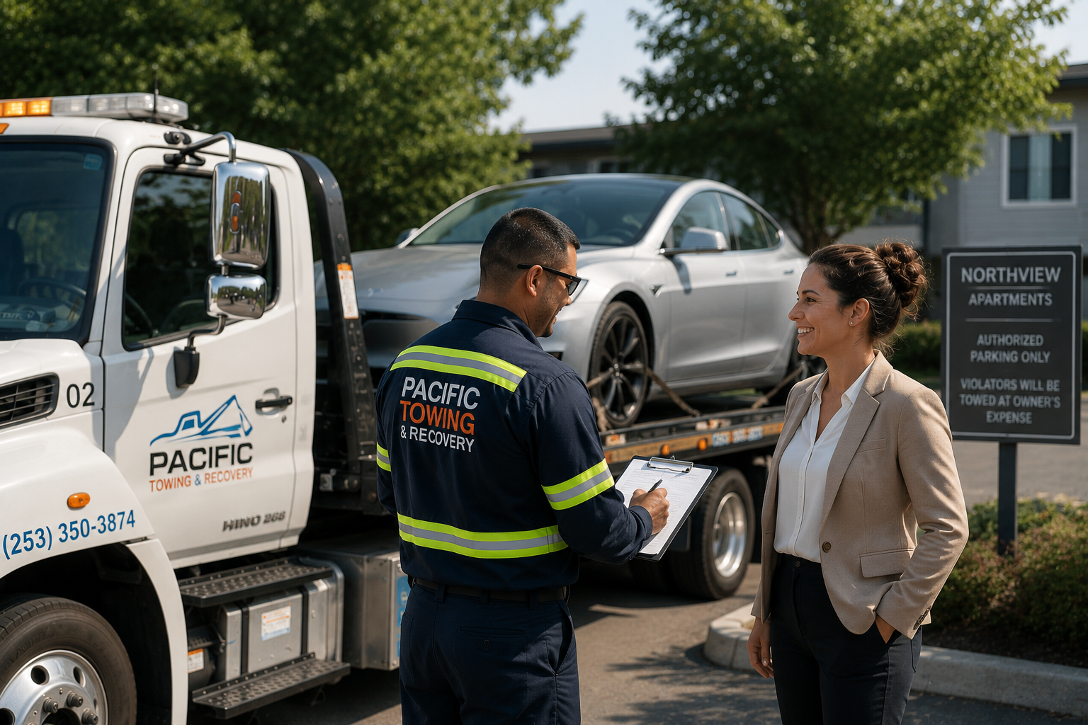 The Property Manager's Guide to an Effective Impound Program Pacific Towing & Recovery driver reviewing impound paperwork with a property manager at an apartment complex