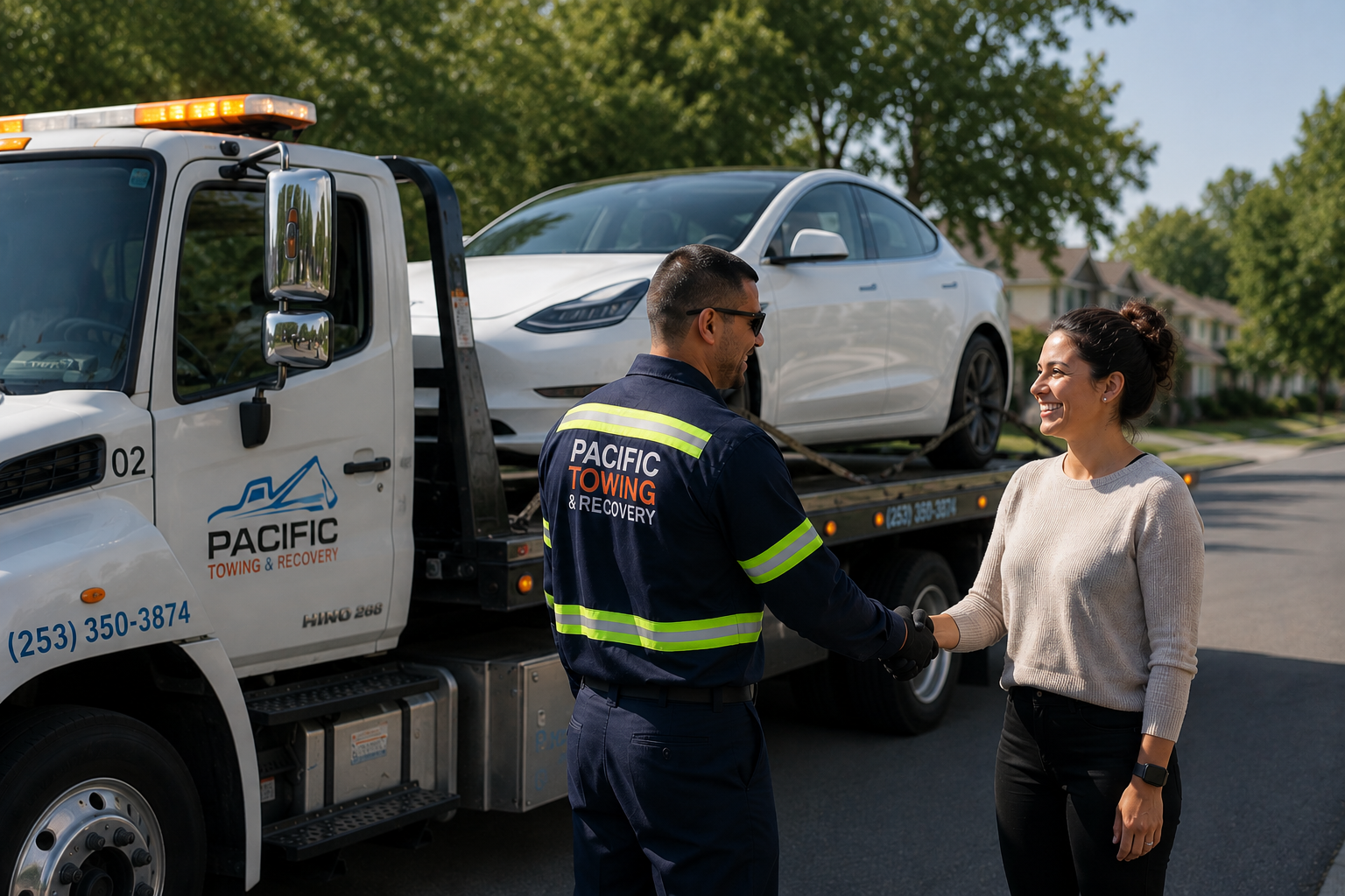Pacific Towing & Recovery driver shaking hands with a fleet customer next to a flatbed tow truck
