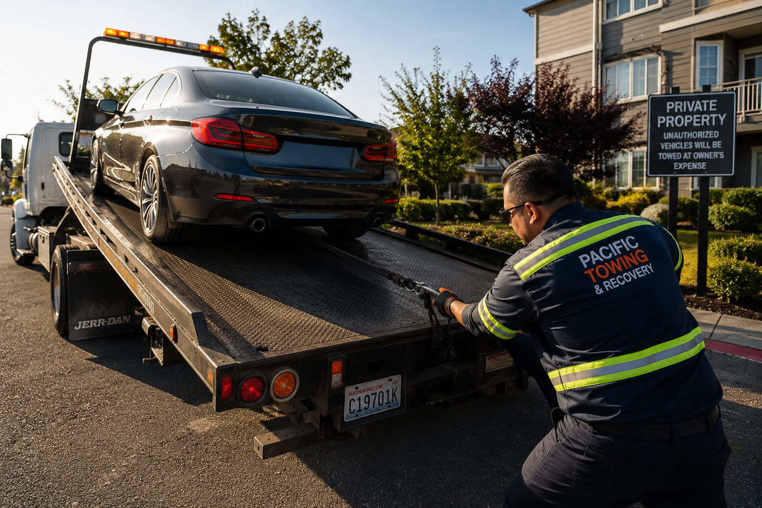 Why Flatbed Towing Is Safer for Your Car Pacific Towing & Recovery driver securing a BMW sedan on a Jerr-Dan flatbed at a private property in Washington