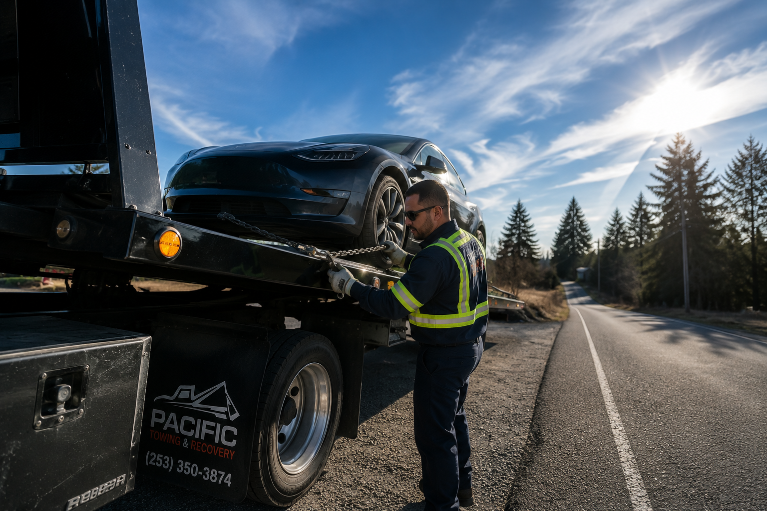 Private Property Impounds Explained: A Practical Guide for Landlords and HOAs Pacific Towing & Recovery driver securing a Tesla on a flatbed on a highway in Washington